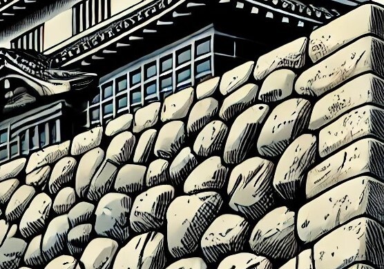 DALL·E 2024-11-20 11.46.32 - A comic-style illustration of a traditional Japanese castle stone wall 